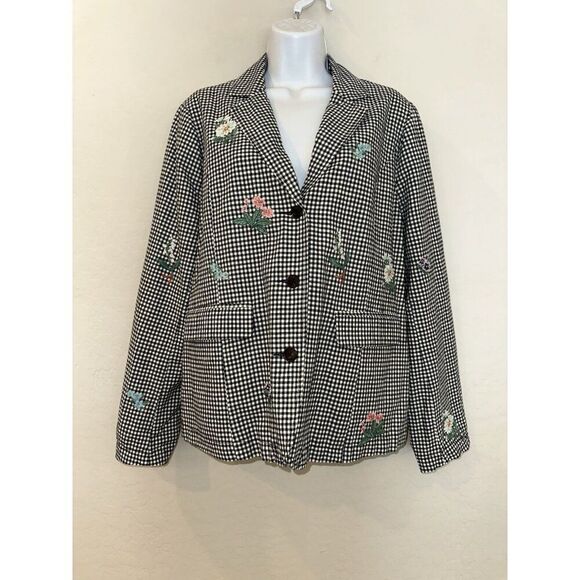 Sundance Cotton/Linen Blend Gingham With Embroidered Flowers Blazer Size‎ Large - Picture 1 of 5